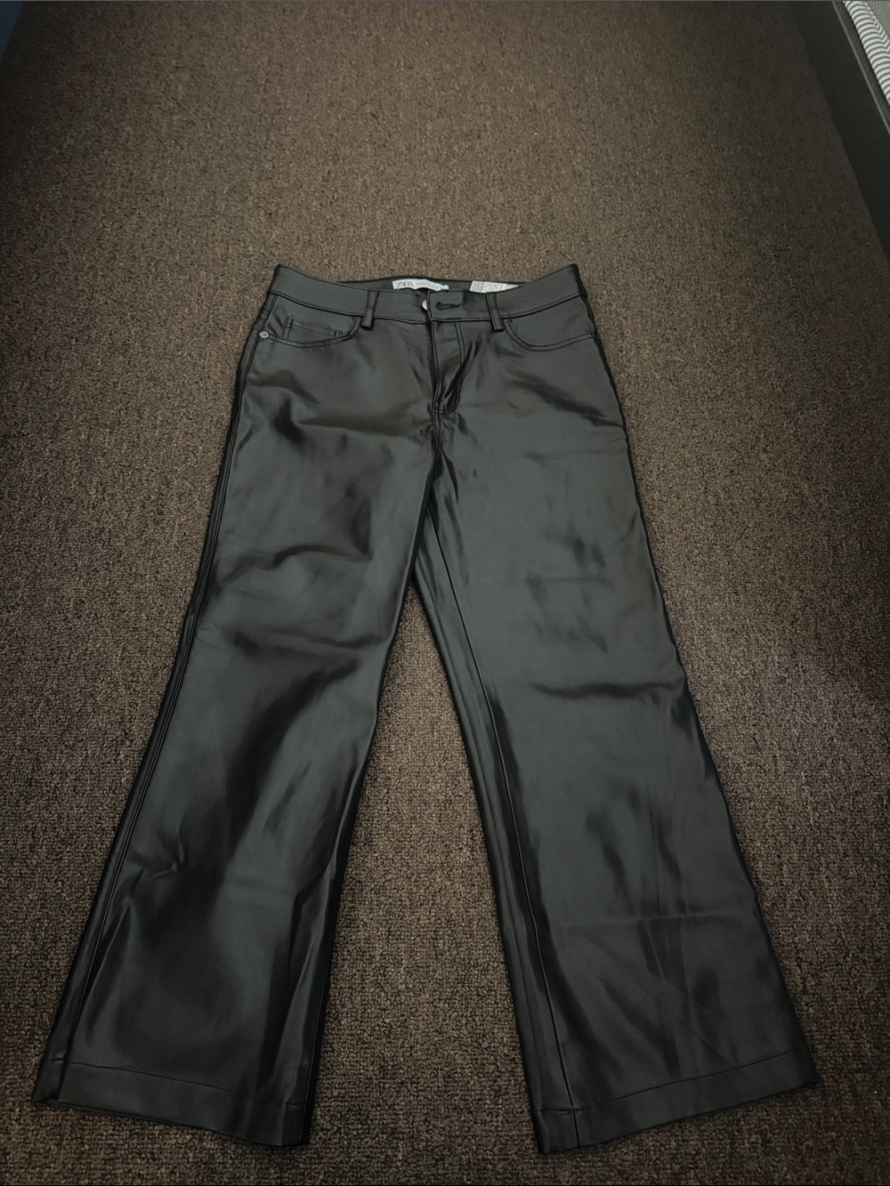 Zara Black Faux Leather Ankle Wide-Leg Pants